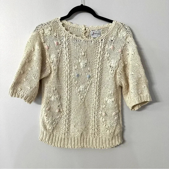 Windcrest Vintage Short Sleeve Hand Knit Silk Blend Cream Sweater Size S GUC - Picture 2 of 8